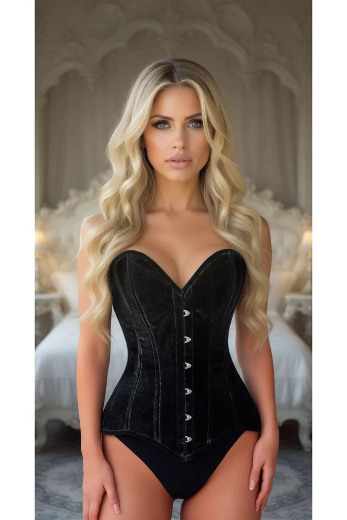 Lavish Black Velvet Overbust Corset Sweetheart Neckline Busk Closure - Daisy Corsets