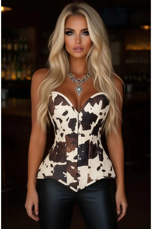Lavish Brown/Cream Cow Print Faux Leather Overbust Corset Top - Daisy Corsets