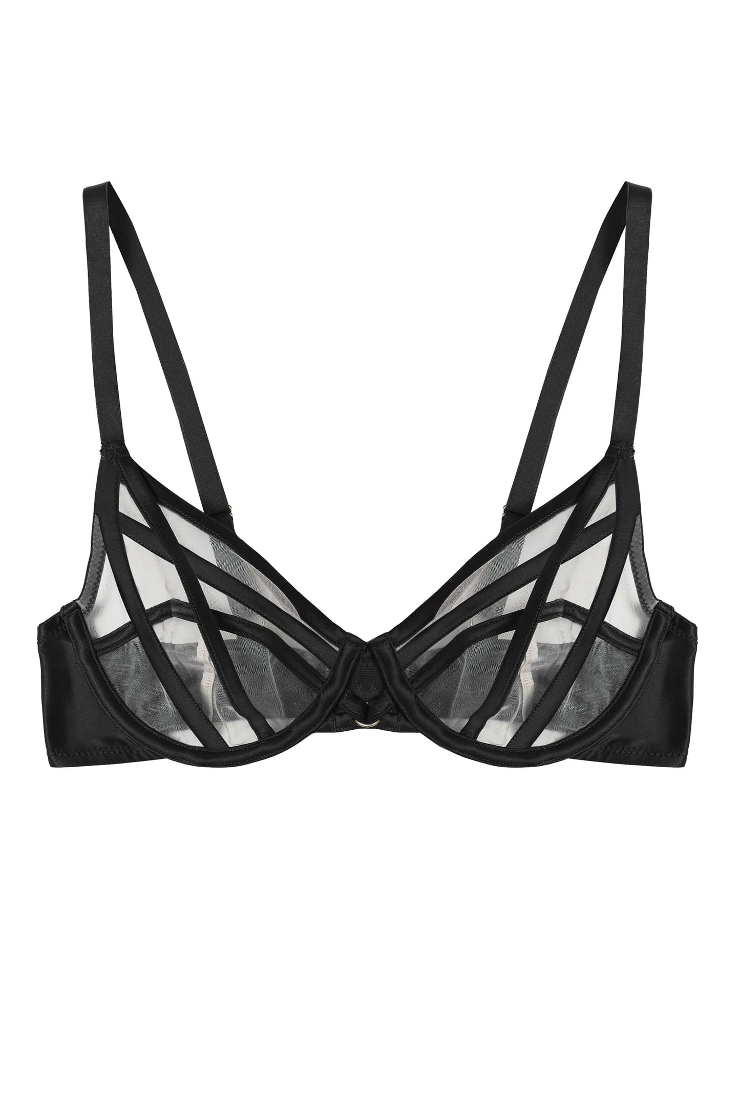 Ramona Strap Detail Illusion Mesh Plunge Bra In Black - Playful Promises