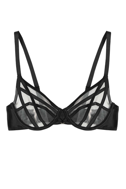Ramona Strap Detail Illusion Mesh Plunge Bra In Black - Playful Promises