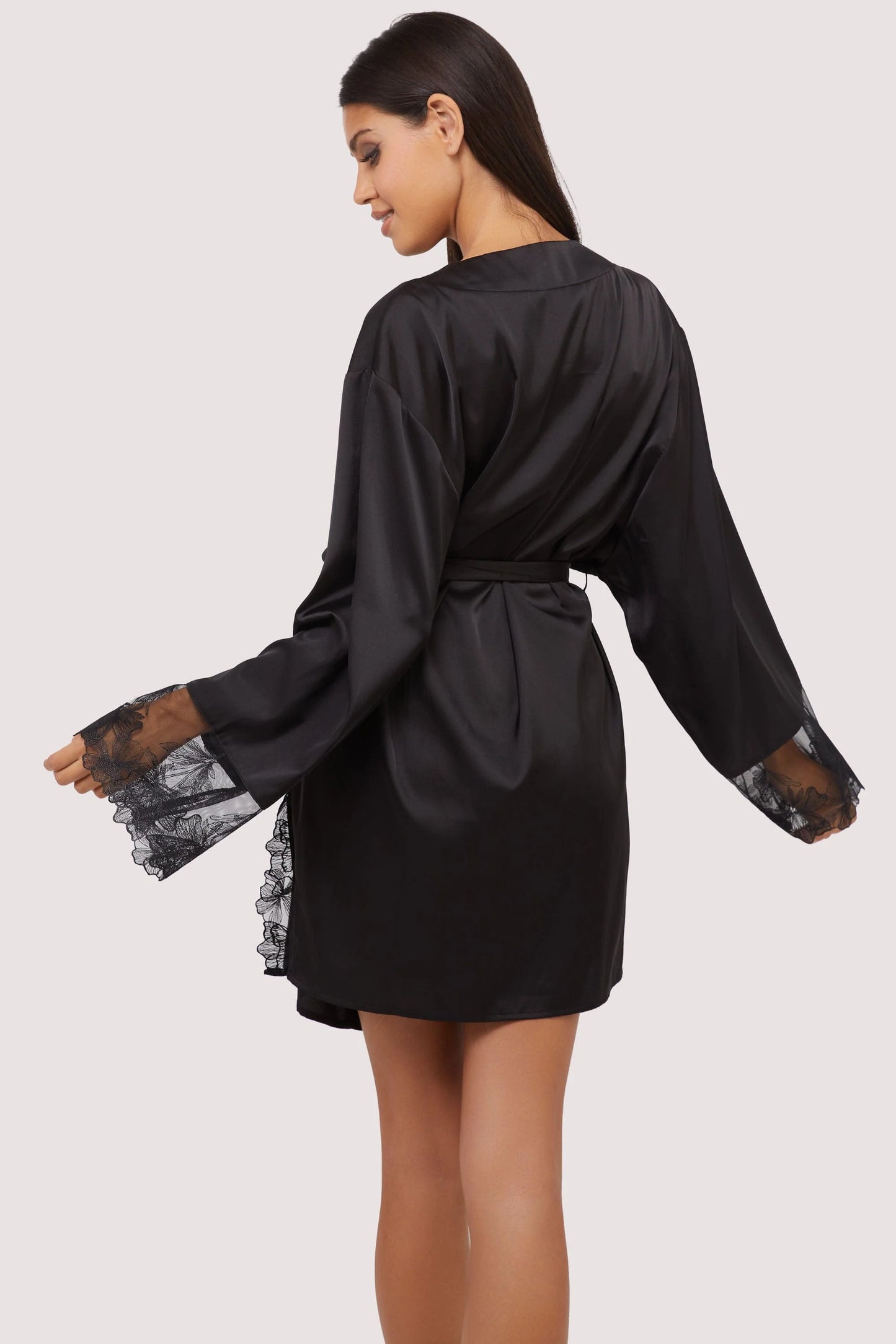 Eleanor Black Satin And Embroidery Robe In Black - Playful Promises