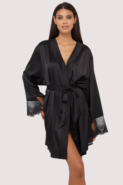 Eleanor Black Satin And Embroidery Robe In Black - Playful Promises