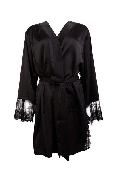 Eleanor Black Satin And Embroidery Robe In Black - Playful Promises