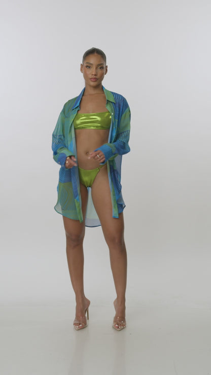 Yucatan Chiffon Button Up Pool Shirt In Teal Wave - Forplay