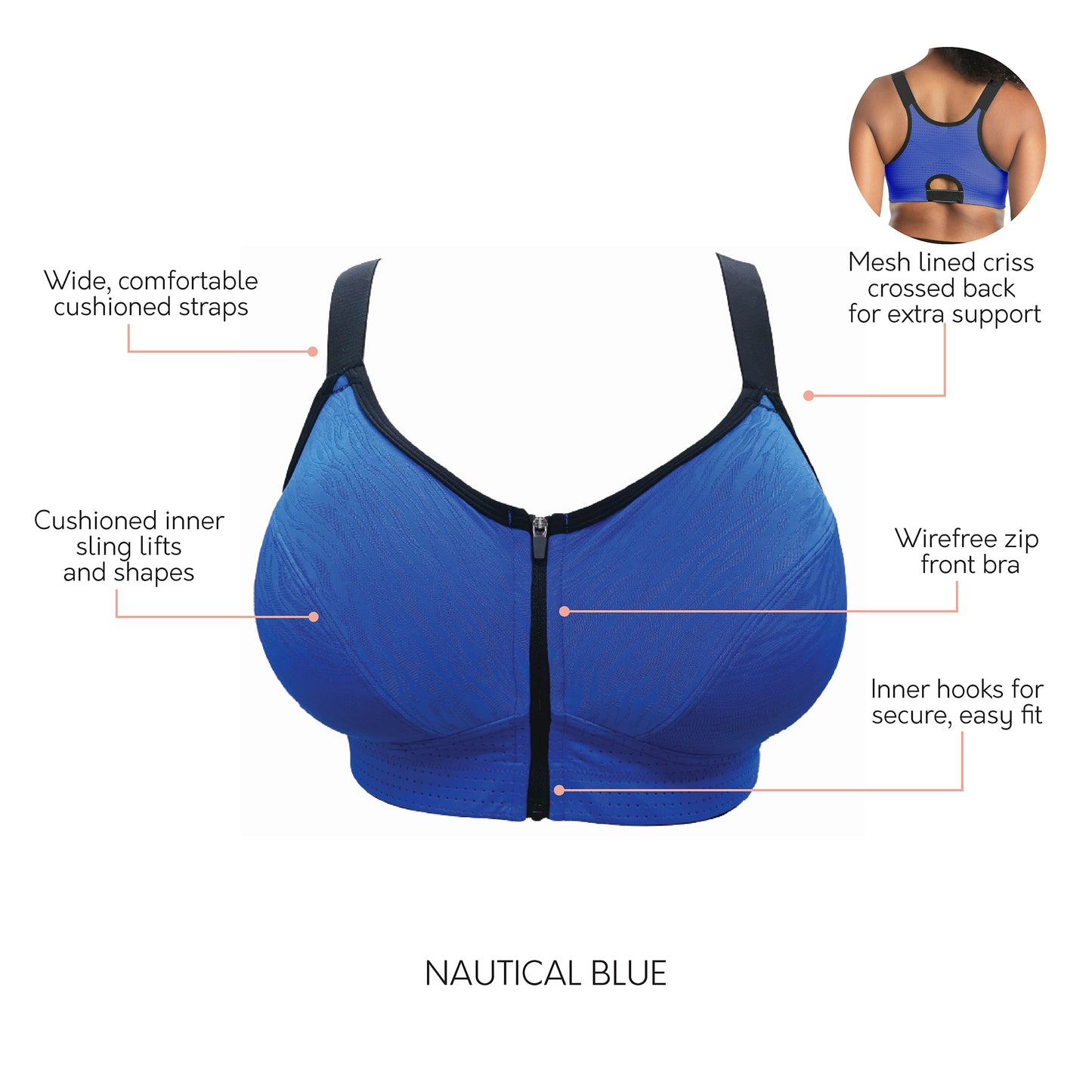 Wave Front Zipper Sports Bra In Nautical Blue - Parfait