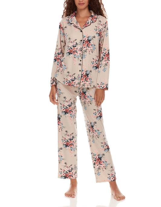 Pyjama à col cranté en tricot imprimé Lindsey avec passepoil en beige - Flora Nikrooz