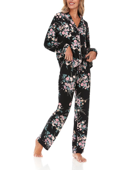 Pyjama à col cranté en tricot imprimé Lindsey avec passepoil en noir - Flora Nikrooz