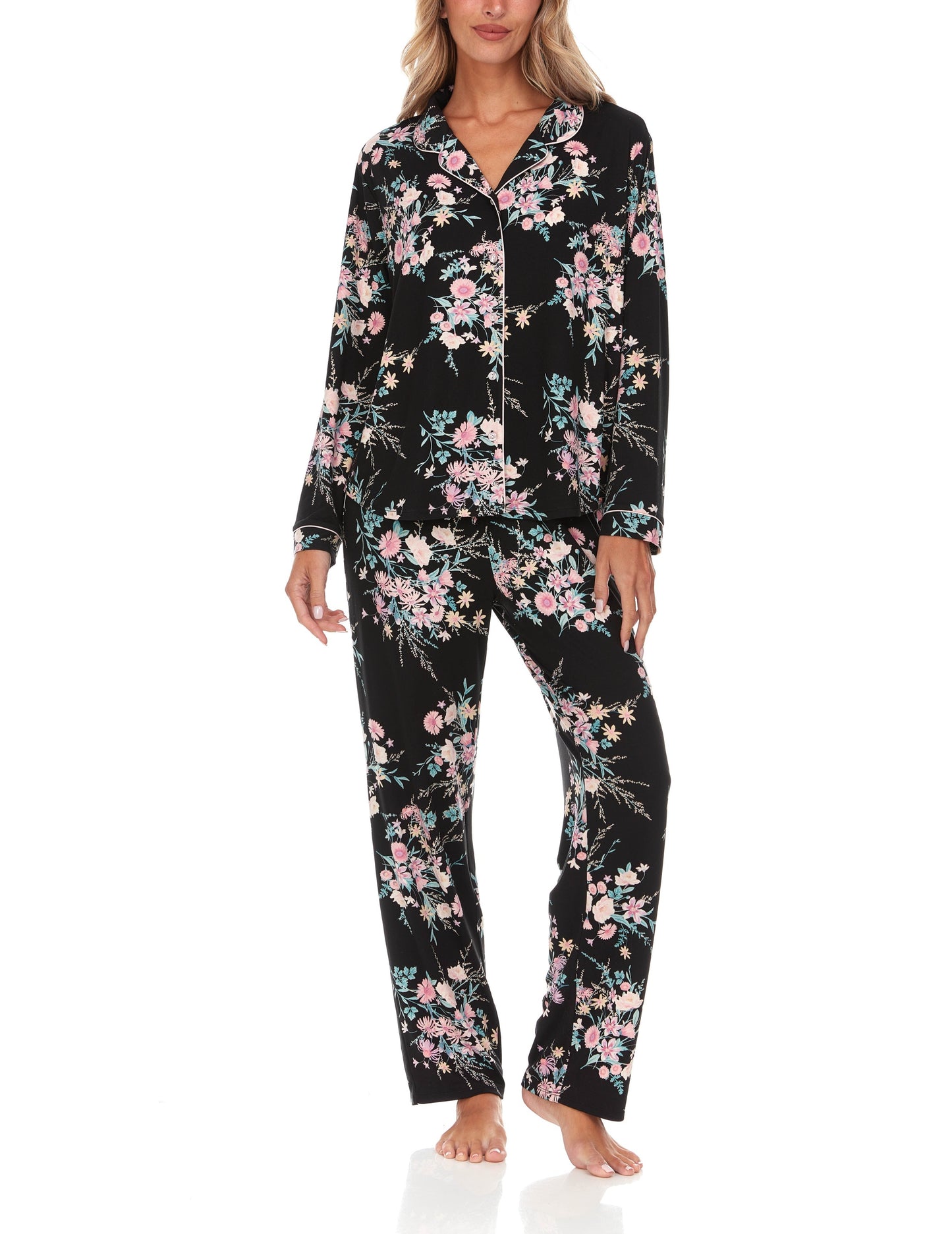 Lindsey Printed Knit Notch Collar PJ With Piping In Black - Flora Nikrooz
