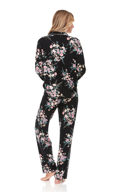 Pyjama à col cranté en tricot imprimé Lindsey avec passepoil en noir - Flora Nikrooz