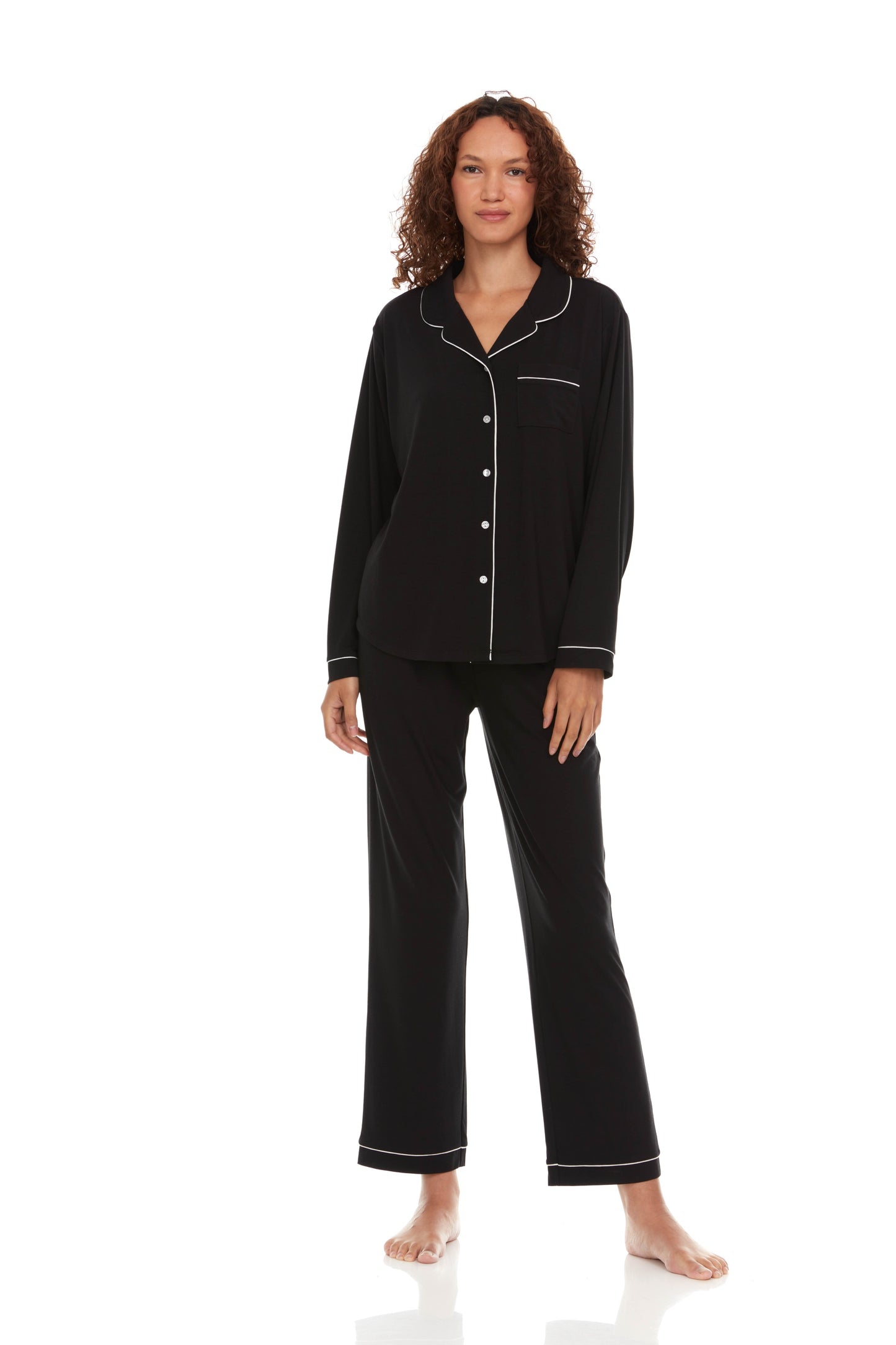 Annie Notch Long PJ Set In Black - Flora Nikrooz