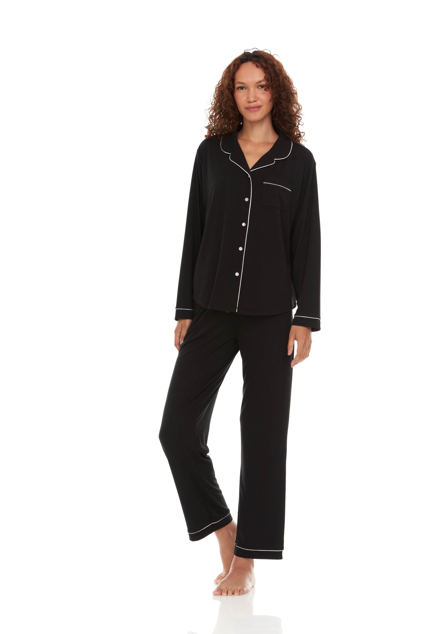 Annie Notch Long PJ Set In Black - Flora Nikrooz