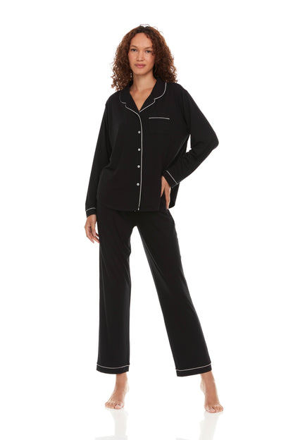 Annie Notch Long PJ Set In Black - Flora Nikrooz