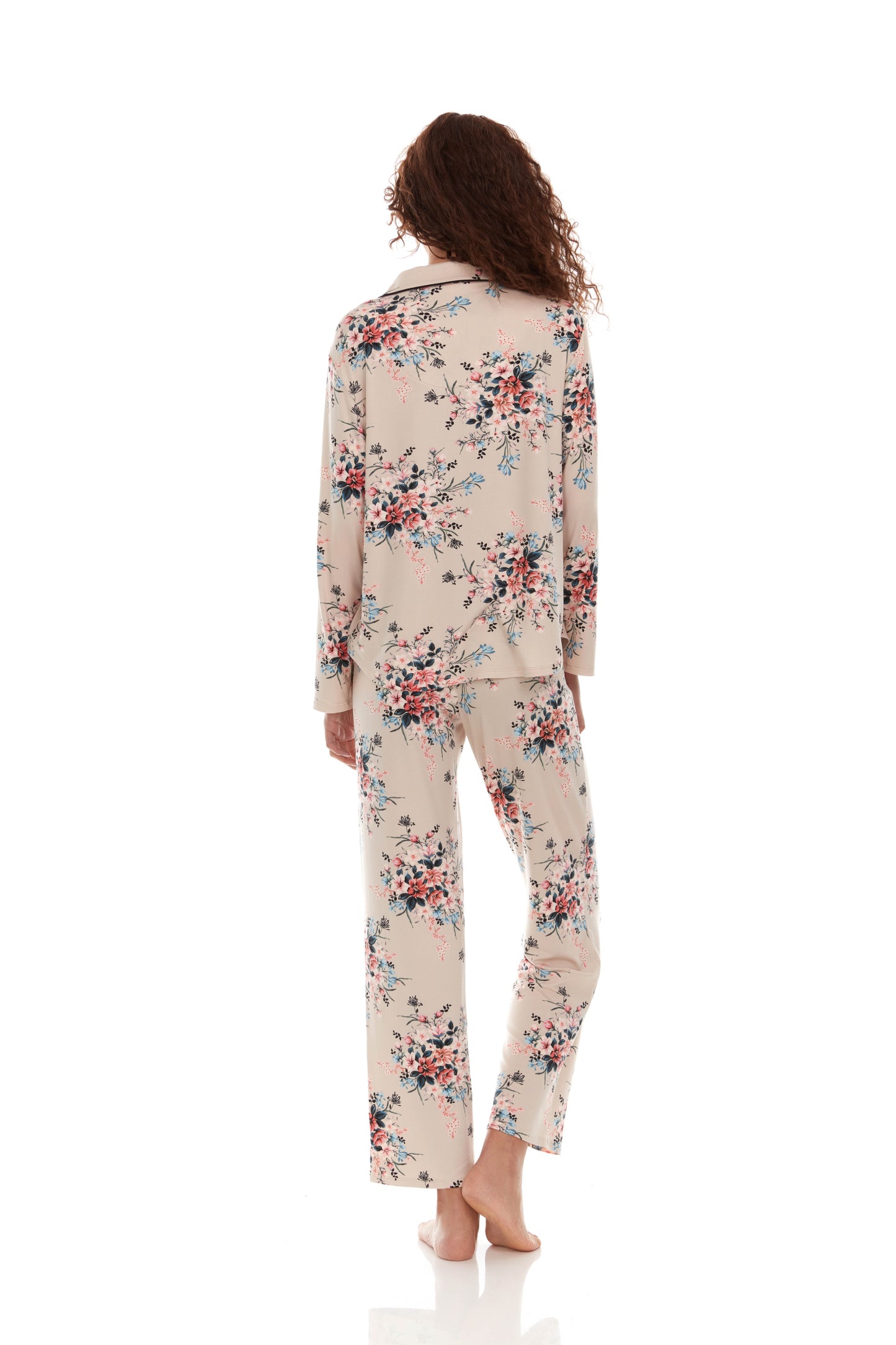Lindsey Printed Knit Notch Collar PJ With Piping In Beige - Flora Nikrooz