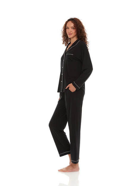 Annie Notch Long PJ Set In Black - Flora Nikrooz