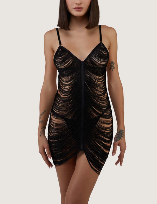 Model wearing Kiera Fringe Dress In Black - Playful Promises, front view