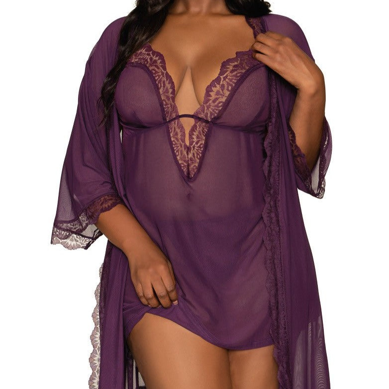 Long-sleeved Sheer Robe With Babydoll In Plum
