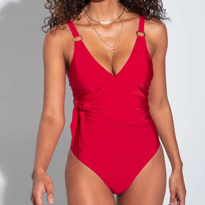 Samoa Wrap Over Control Swimsuit In Red - Pour Moi