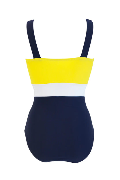 Colour Block Control Swimsuit In Yellow & Navy & White - Pour Moi