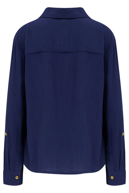 Crinkle Viscose Gold Trim Beach Shirt In Navy - Pour Moi