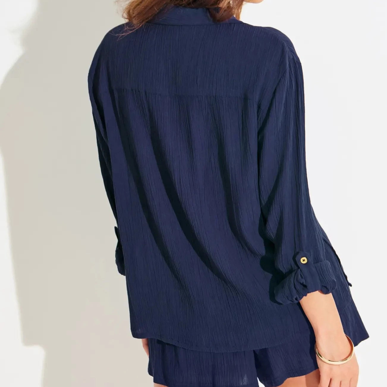 Crinkle Viscose Gold Trim Beach Shirt In Navy - Pour Moi
