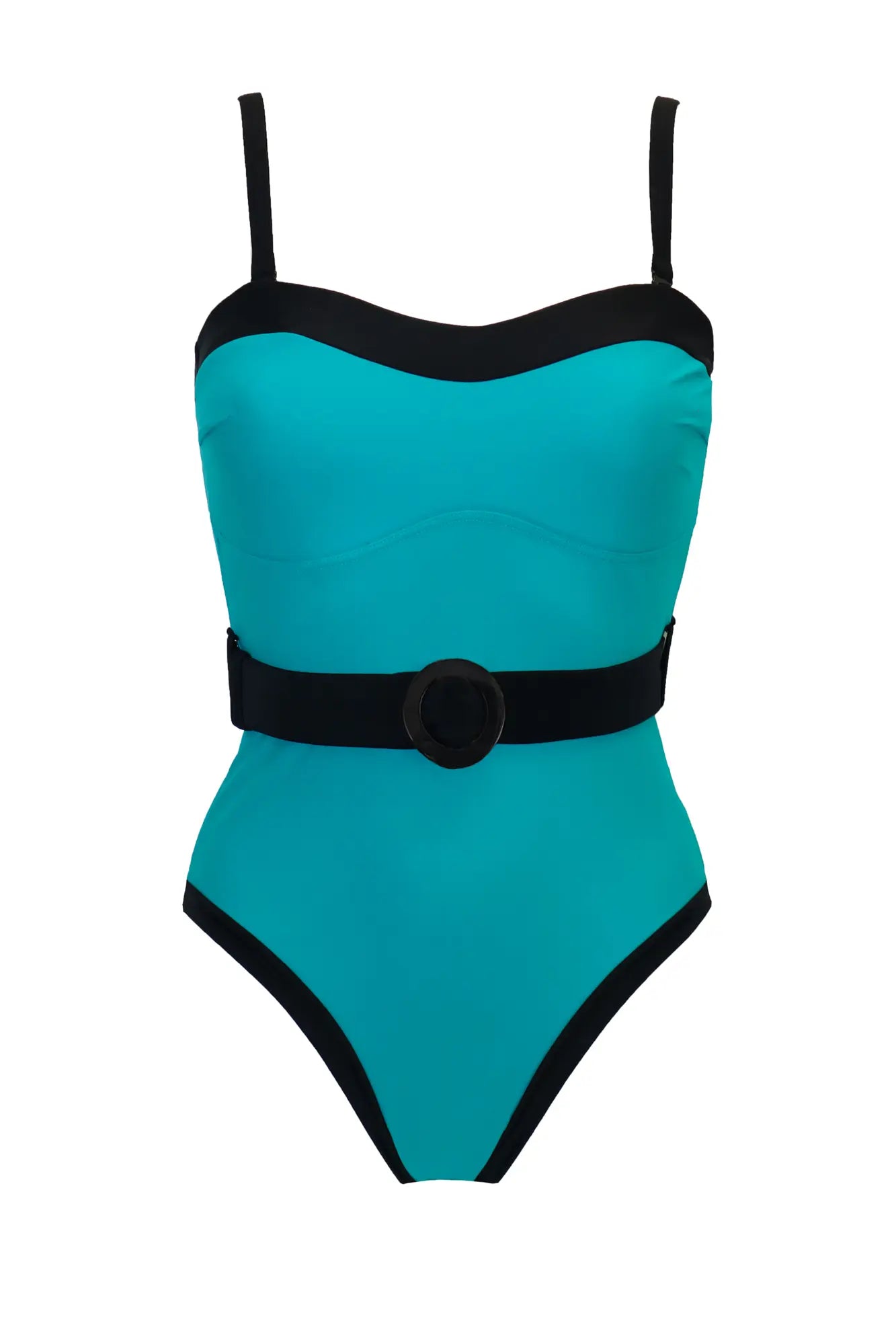 Removable Straps Belted Control Swimsuit In Teal & Black - Pour Moi