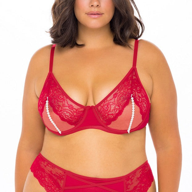 Alyssa Lace & Pearls Open Cup Bra In Red - Oh La La Cheri