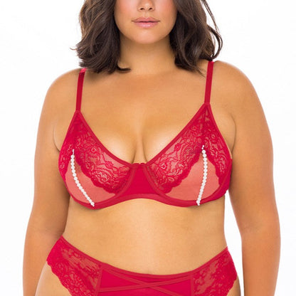 Alyssa Lace & Pearls Open Cup Bra In Red - Oh La La Cheri
