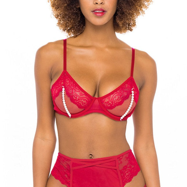 Alyssa Lace & Pearls Open Cup Bra In Red - Oh La La Cheri