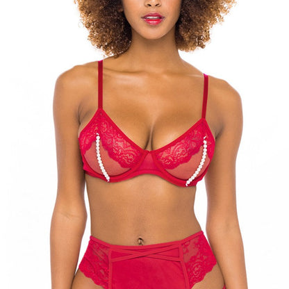 Alyssa Lace & Pearls Open Cup Bra In Red - Oh La La Cheri