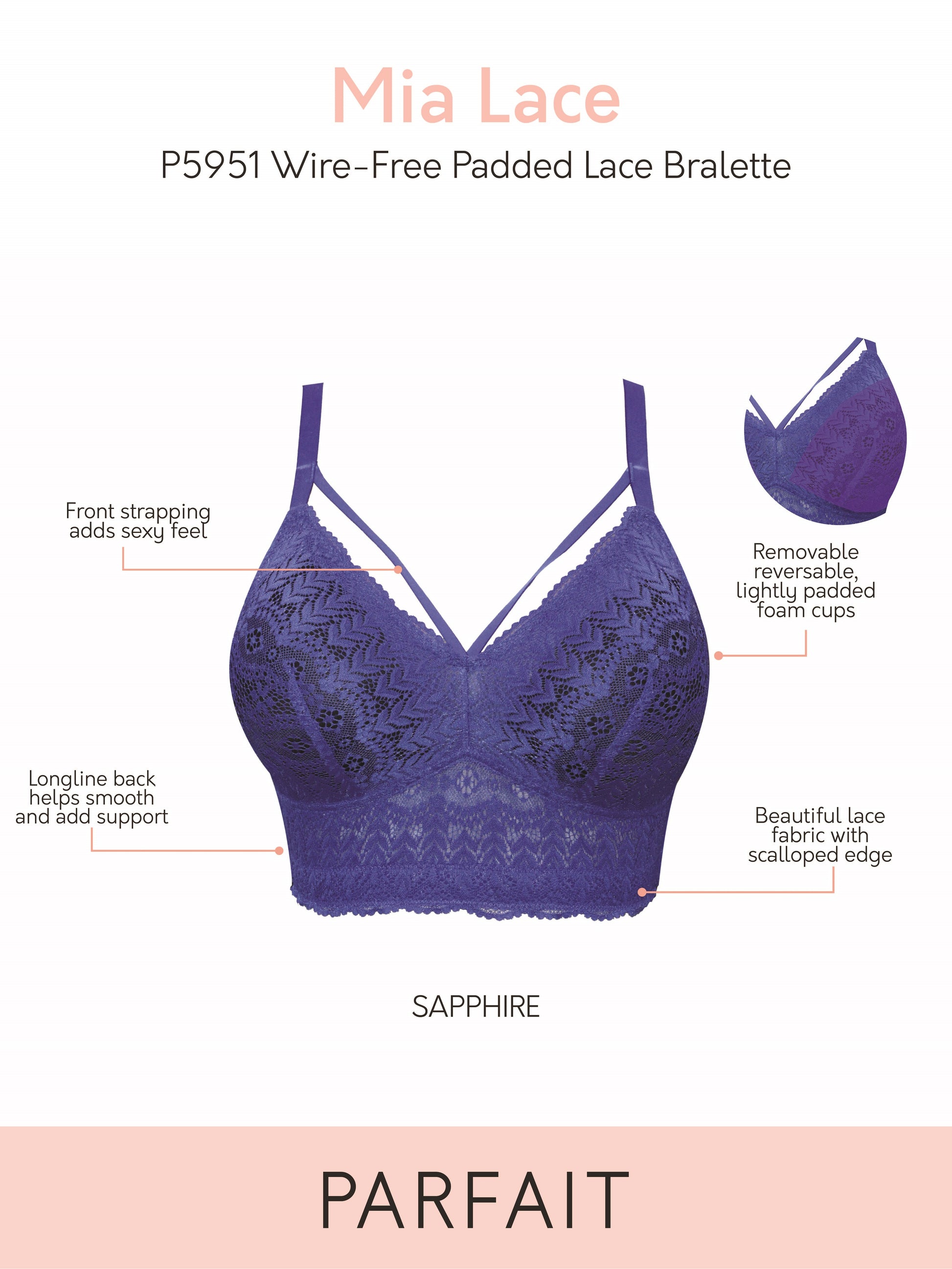 Parfait Mia Wire-free Longline Padded Lace Bralette - Black