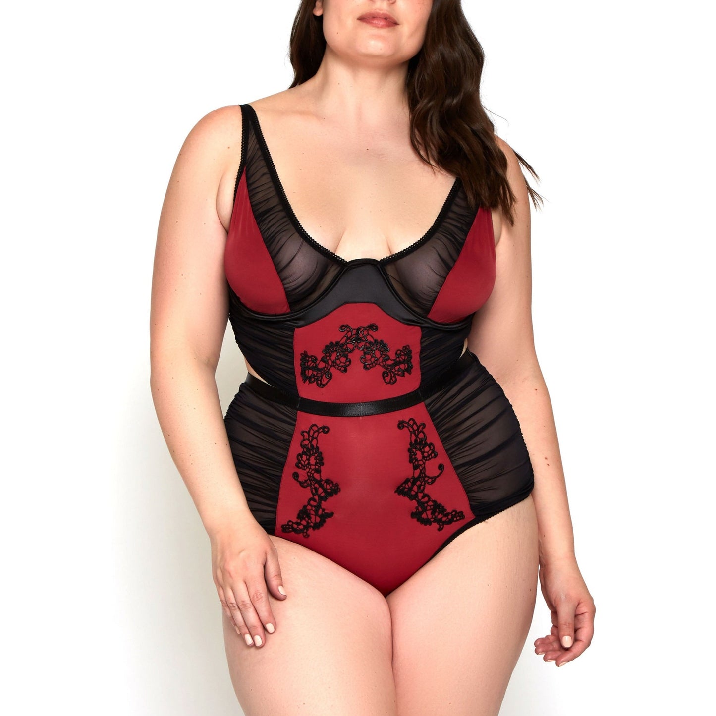 Microfiber & Mesh Teddy With Ruching  & Applique In Burgundy