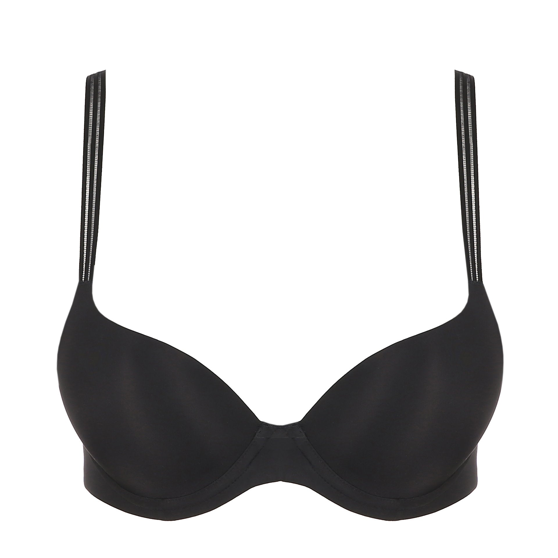 The Caron harness bra in black satin with strap detailing.