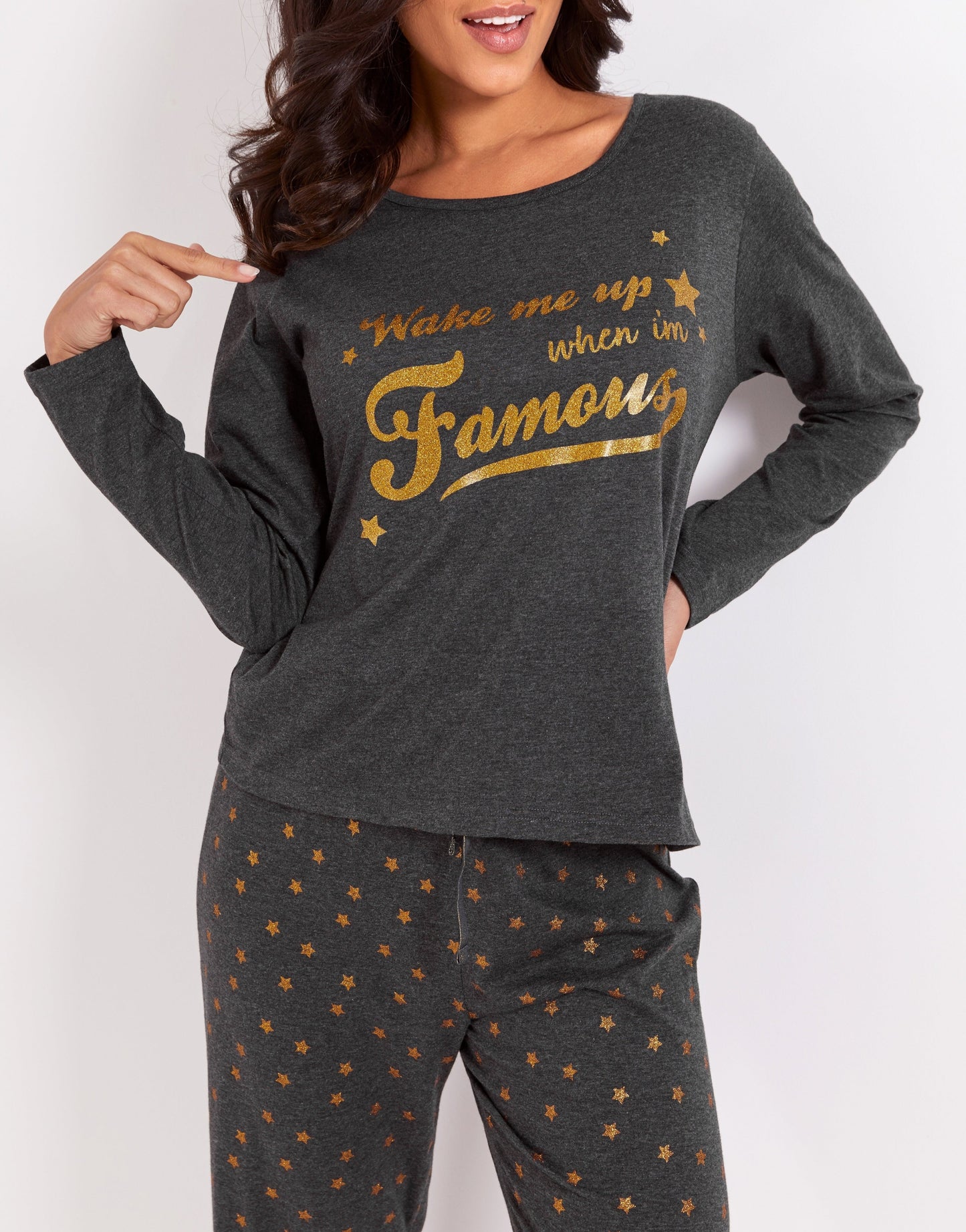 Wake Me Up When I'm Famous Cotton PJ Set In Charcoal - Pour Moi