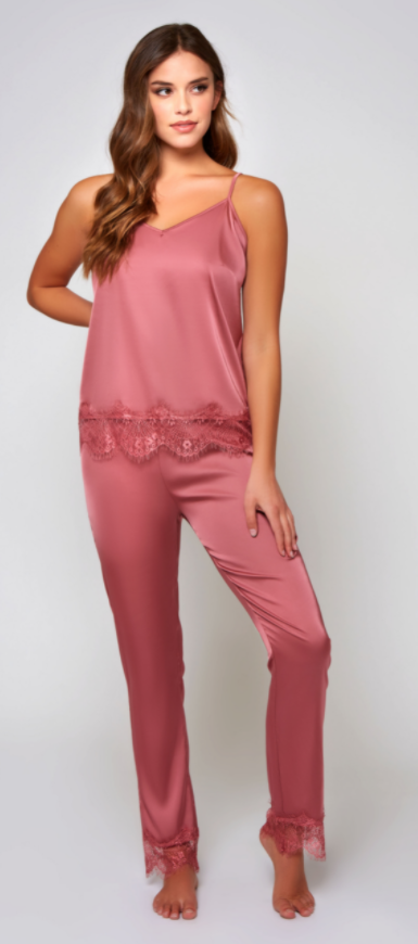 Charlotte Satin And Lace Pajama Set In Wine - Golyta