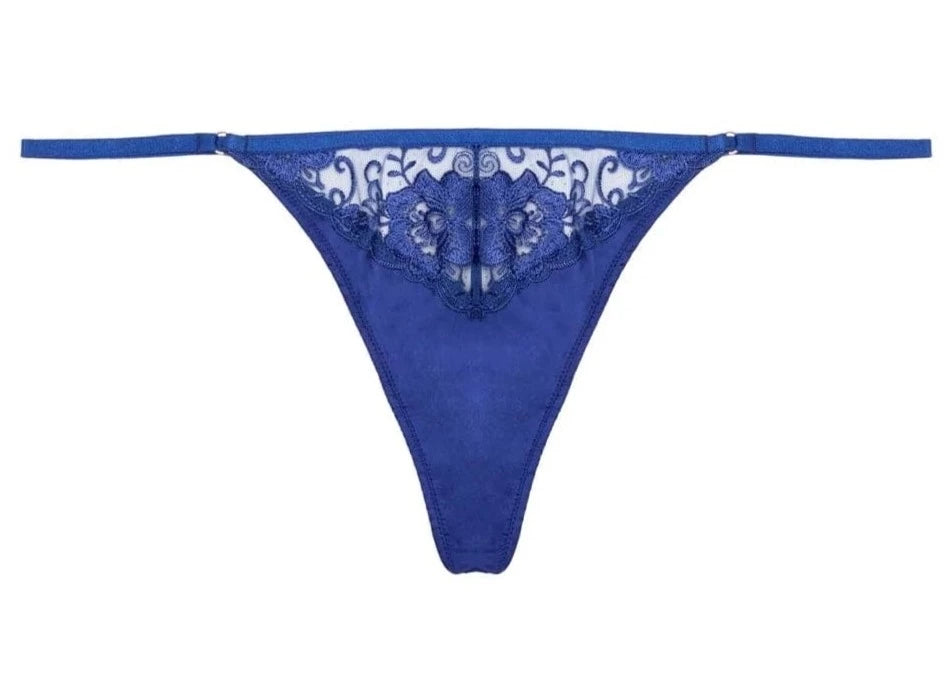 Lola After Dark Satin & Embroidery G-String In Electric Blue - Playful Promises